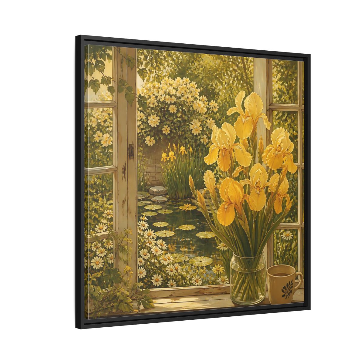Side Mockup 9. Nature Yellow Irises Yellow Garden Scene shown as stretched canvas wall art