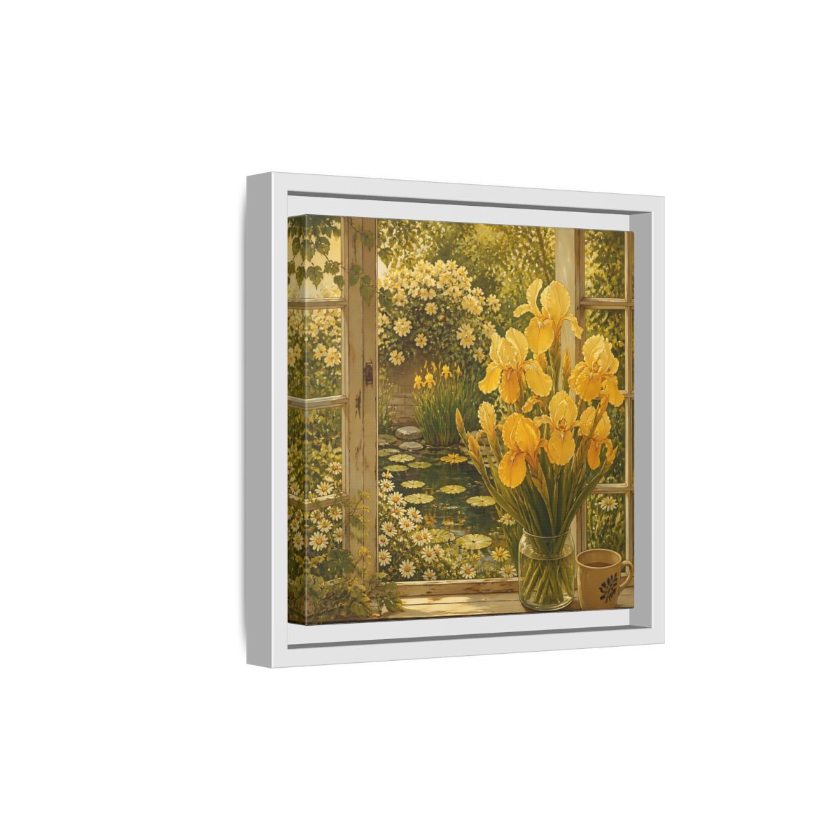 Side Mockup 19. Nature Yellow Irises Yellow Garden Scene shown as stretched canvas wall art
