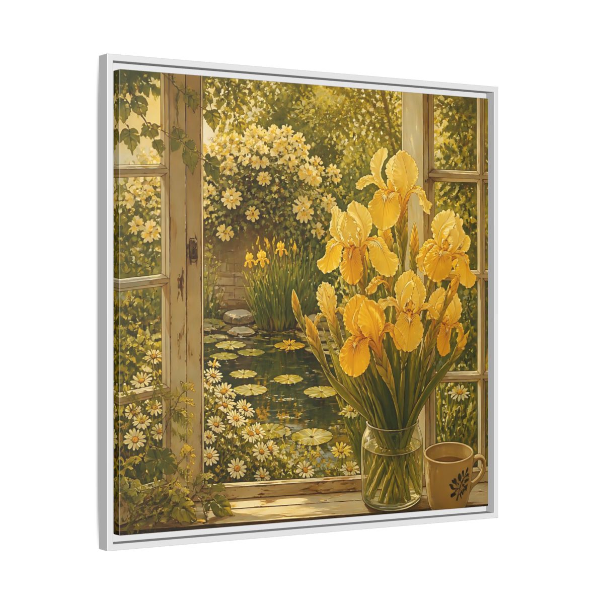 Side Mockup 25. Nature Yellow Irises Yellow Garden Scene shown as stretched canvas wall art