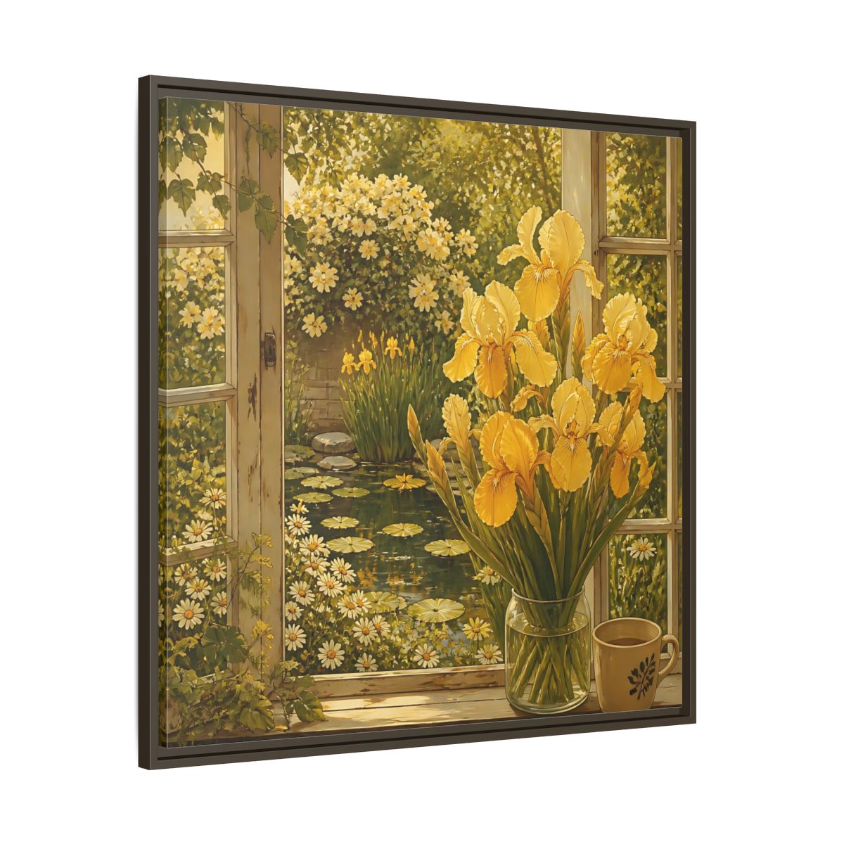 Main Mockup. Nature Yellow Irises Yellow Garden Scene shown as stretched canvas wall art