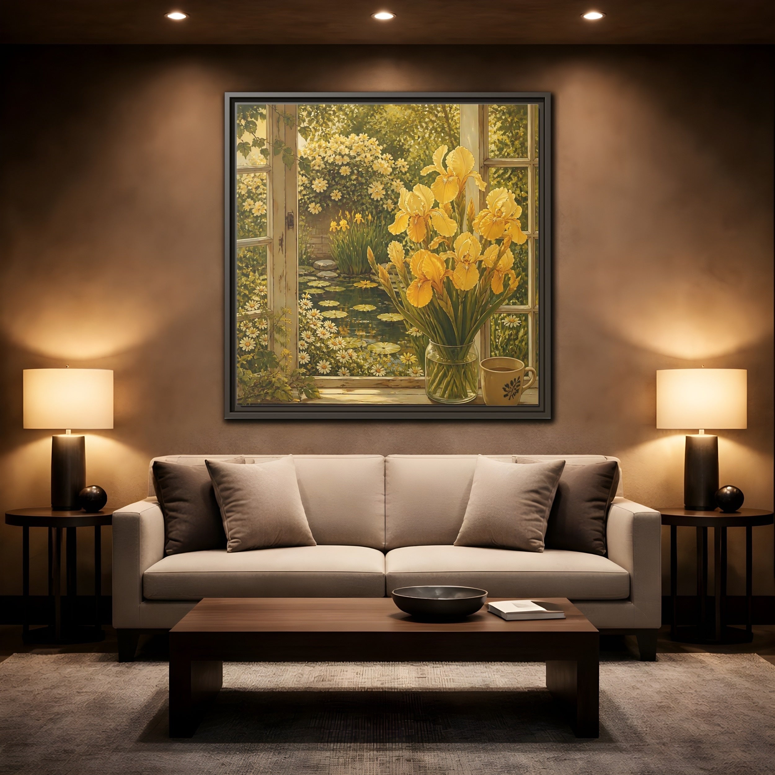 Mockup 2. Nature Yellow Irises Yellow Garden Scene shown as stretched canvas wall art