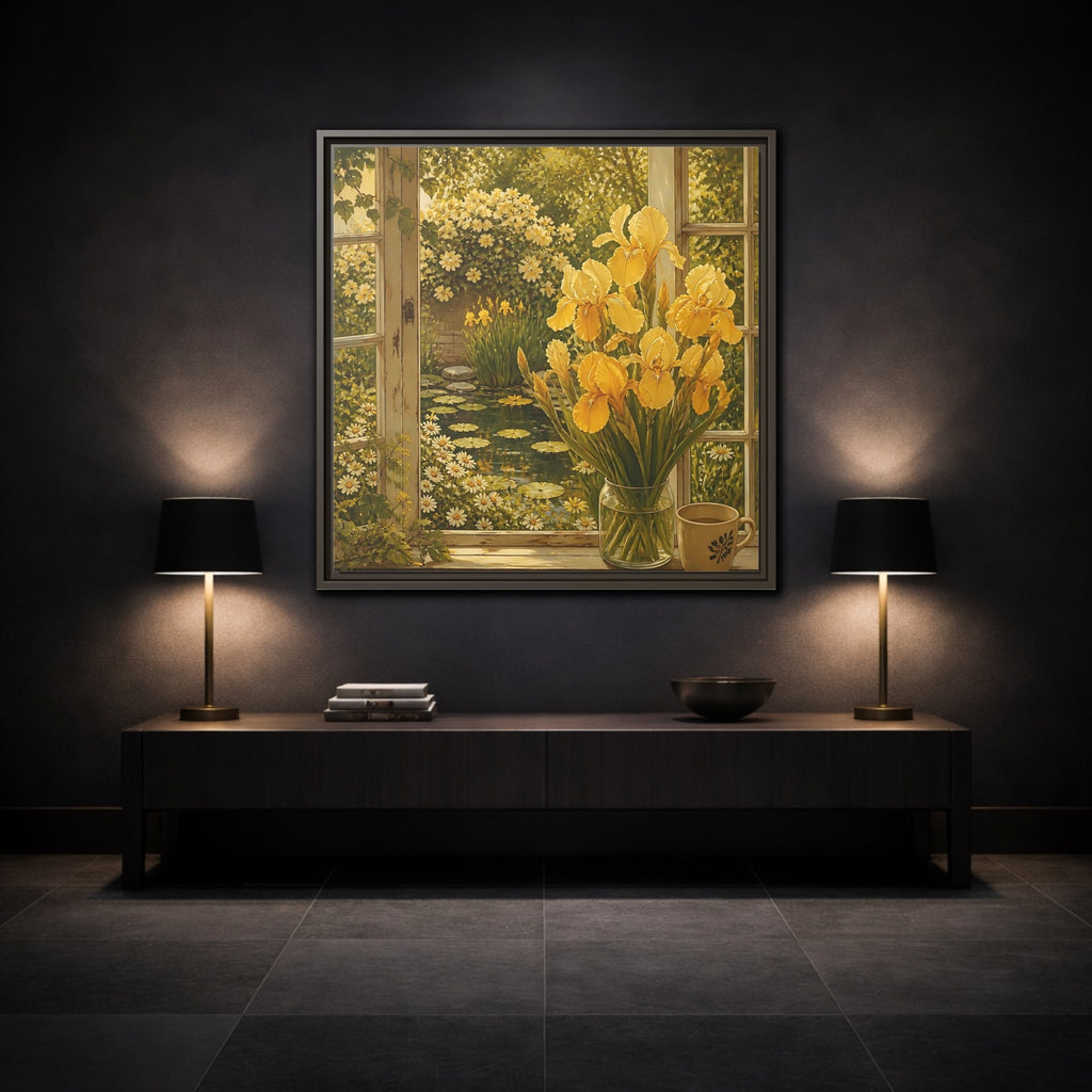 Mockup 3. Nature Yellow Irises Yellow Garden Scene shown as stretched canvas wall art