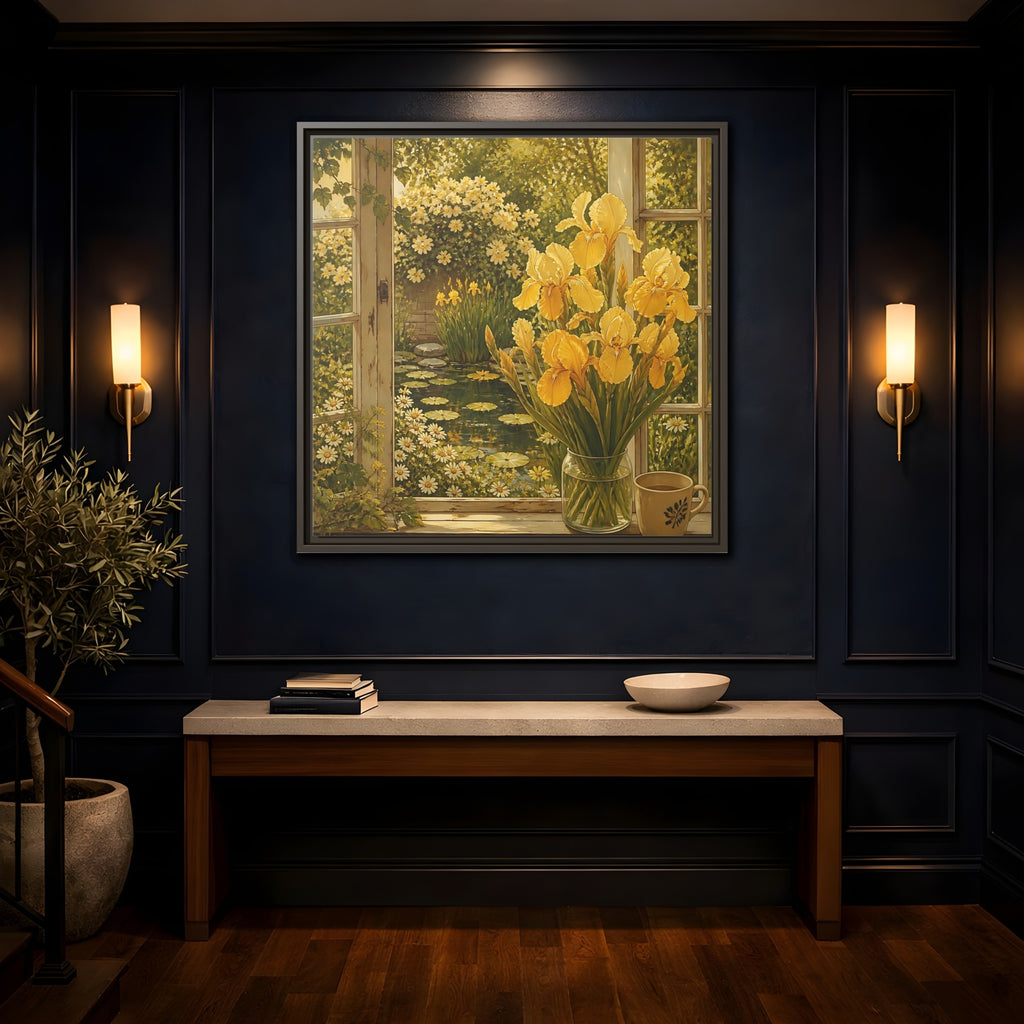 Mockup 4. Nature Yellow Irises Yellow Garden Scene shown as stretched canvas wall art