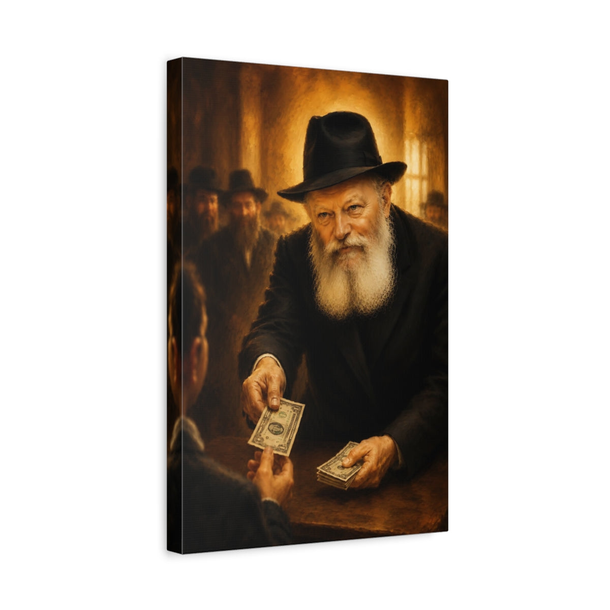 Side Mockup 4. Religious Bearded Man Warm Tones shown as stretched canvas wall art