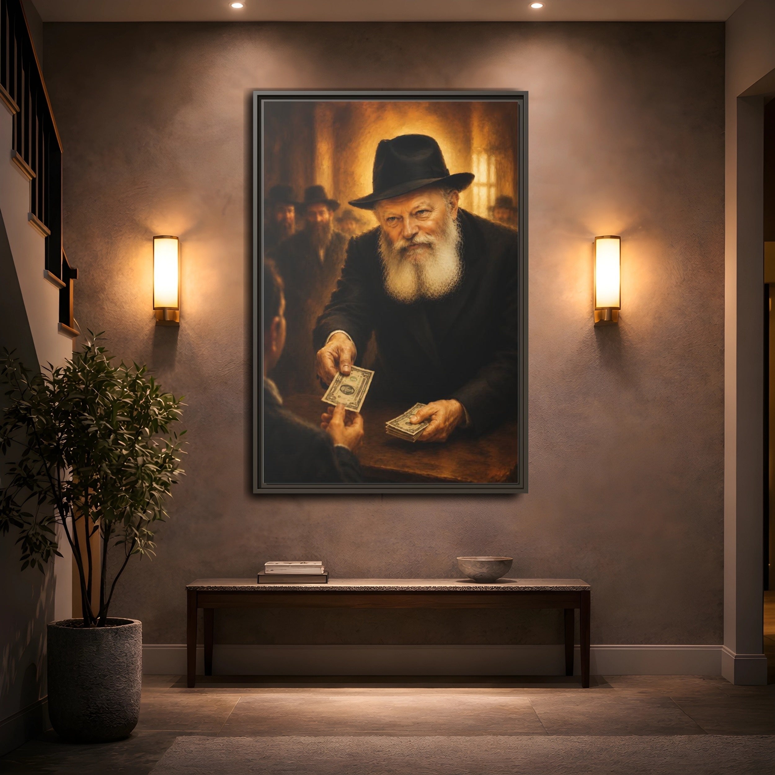 Mockup 2. Religious Bearded Man Warm Tones Transaction shown as stretched canvas wall art