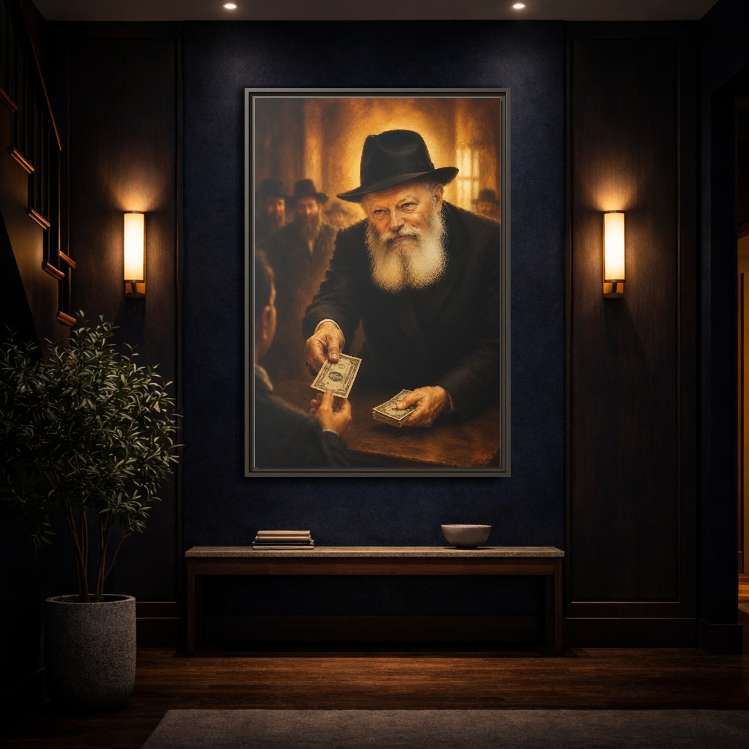 Mockup 4. Religious Bearded Man Warm Tones Transaction shown as stretched canvas wall art