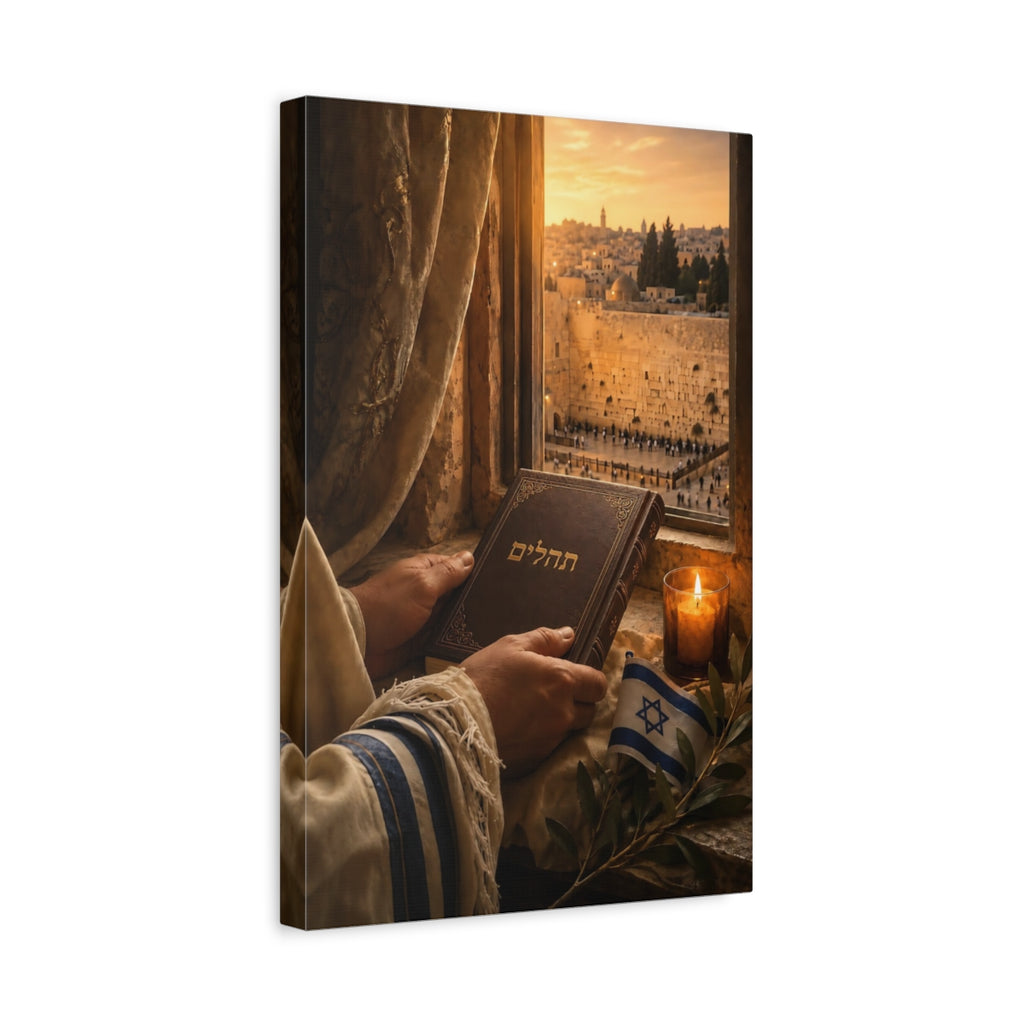 Side Mockup 4. Religious Religious Book Jerusalem Prayer shown as stretched canvas wall art