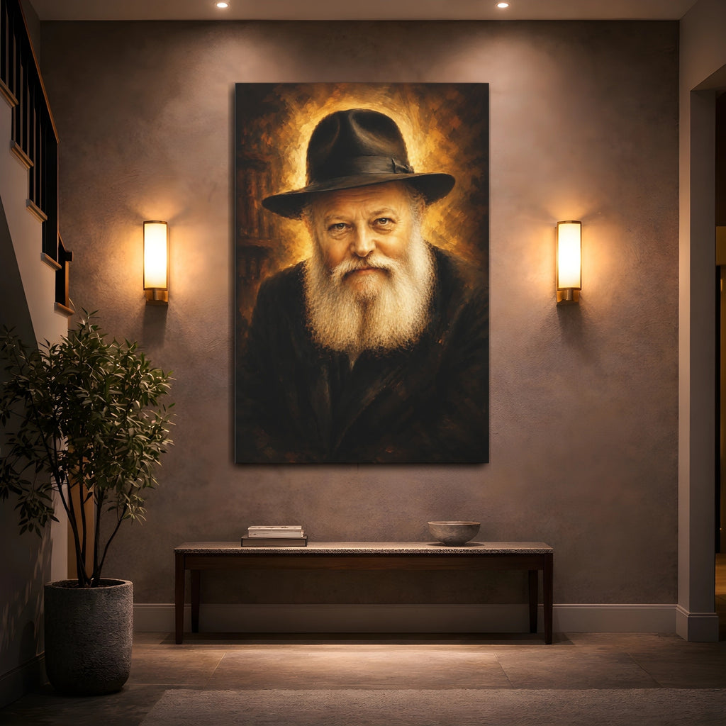 Mockup 2. Religious Elderly Man Brown And Gold Portrait shown as stretched canvas wall art