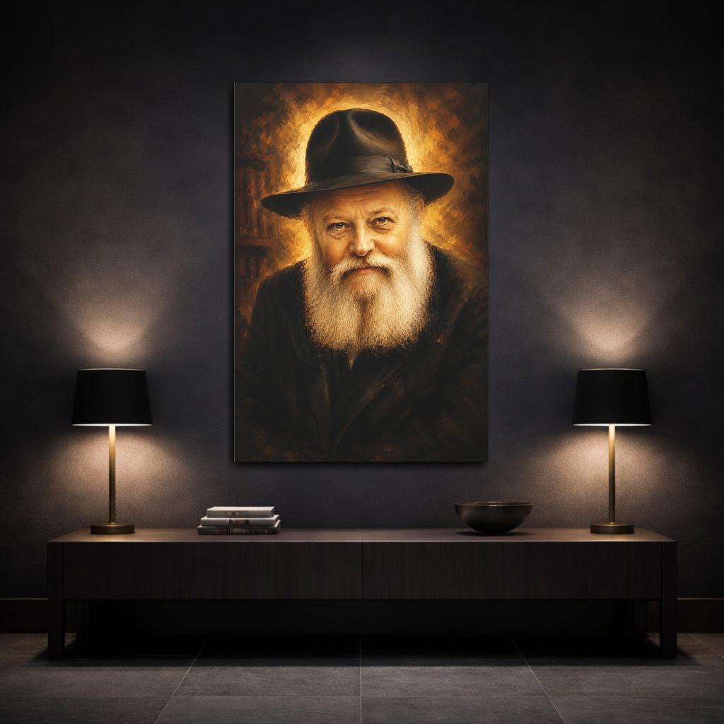 Mockup 3. Religious Elderly Man Brown And Gold Portrait shown as stretched canvas wall art