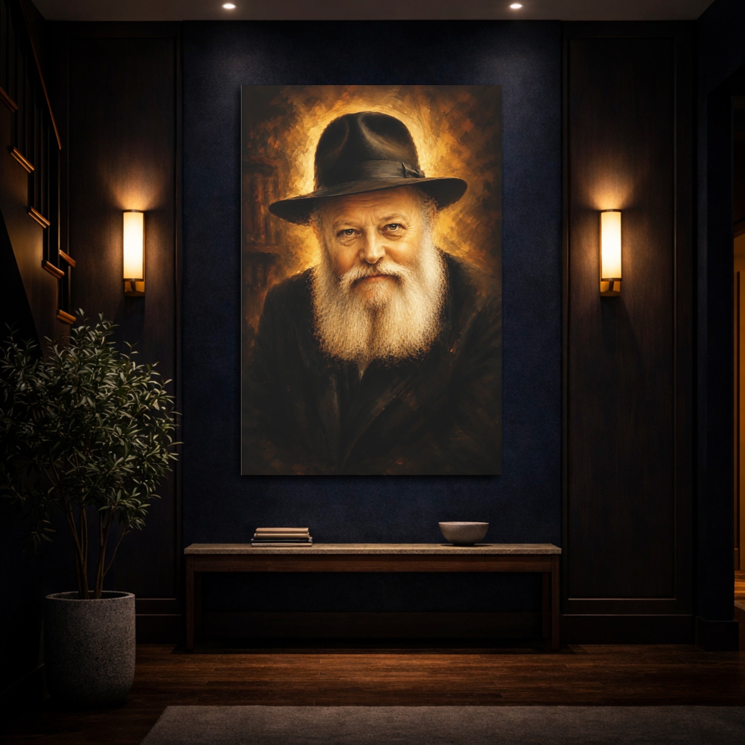 Mockup 4. Religious Elderly Man Brown And Gold Portrait shown as stretched canvas wall art