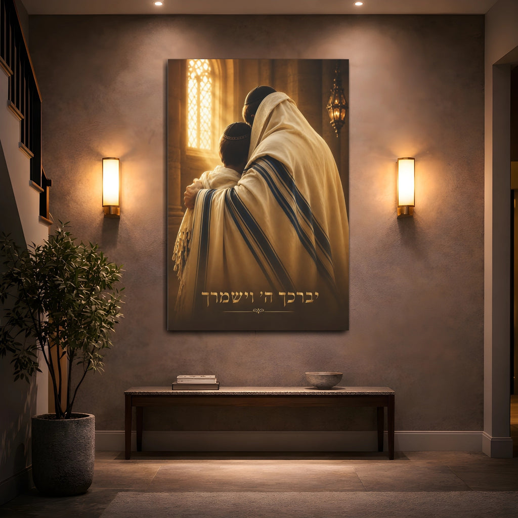 Mockup 2. Religious Father And Son Gold And Blue shown as stretched canvas wall art