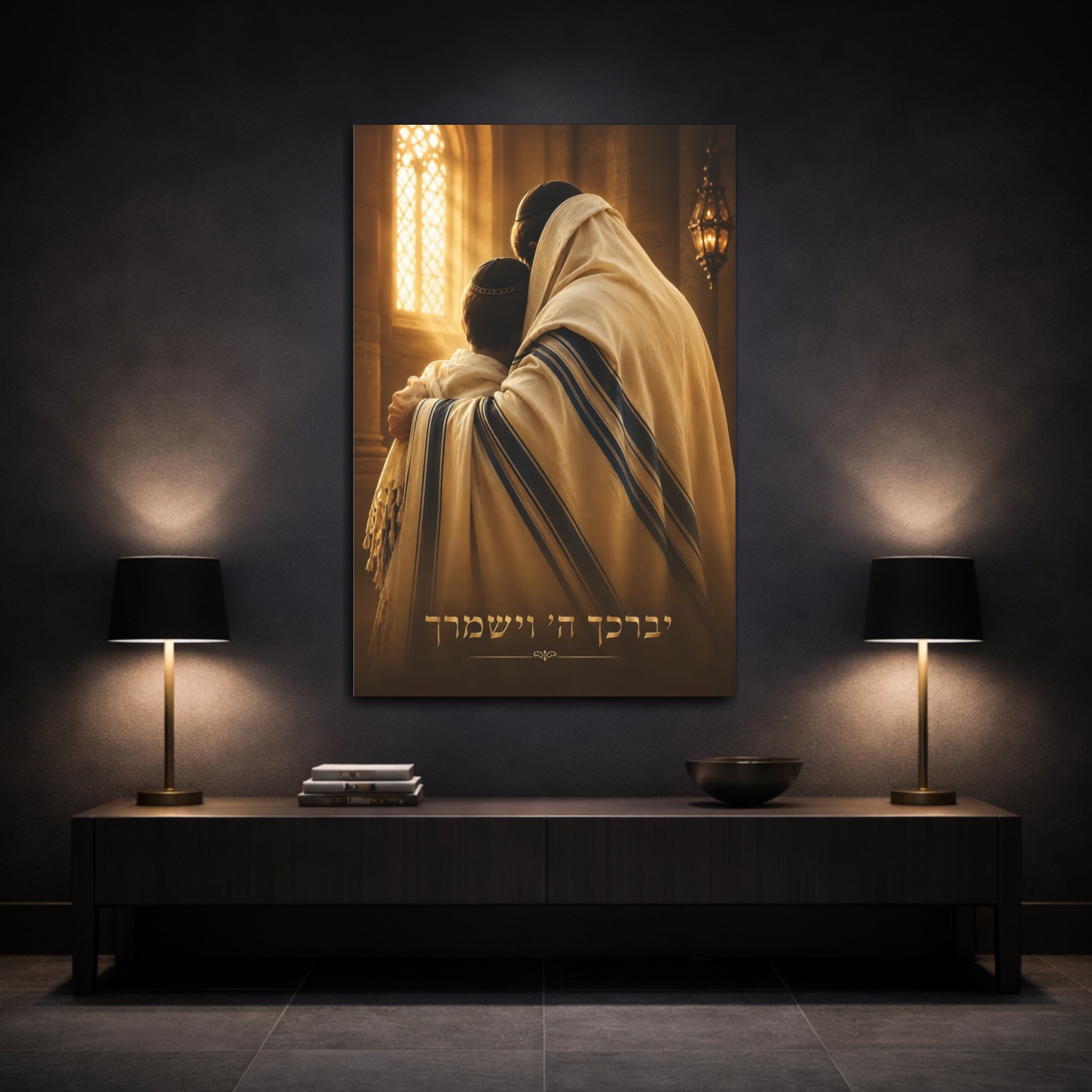 Mockup 3. Religious Father And Son Gold And Blue shown as stretched canvas wall art