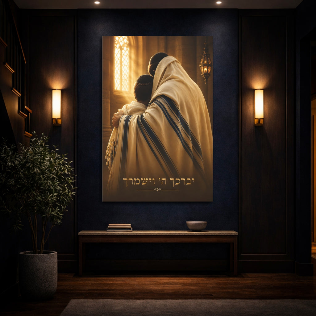 Mockup 4. Religious Father And Son Gold And Blue shown as stretched canvas wall art