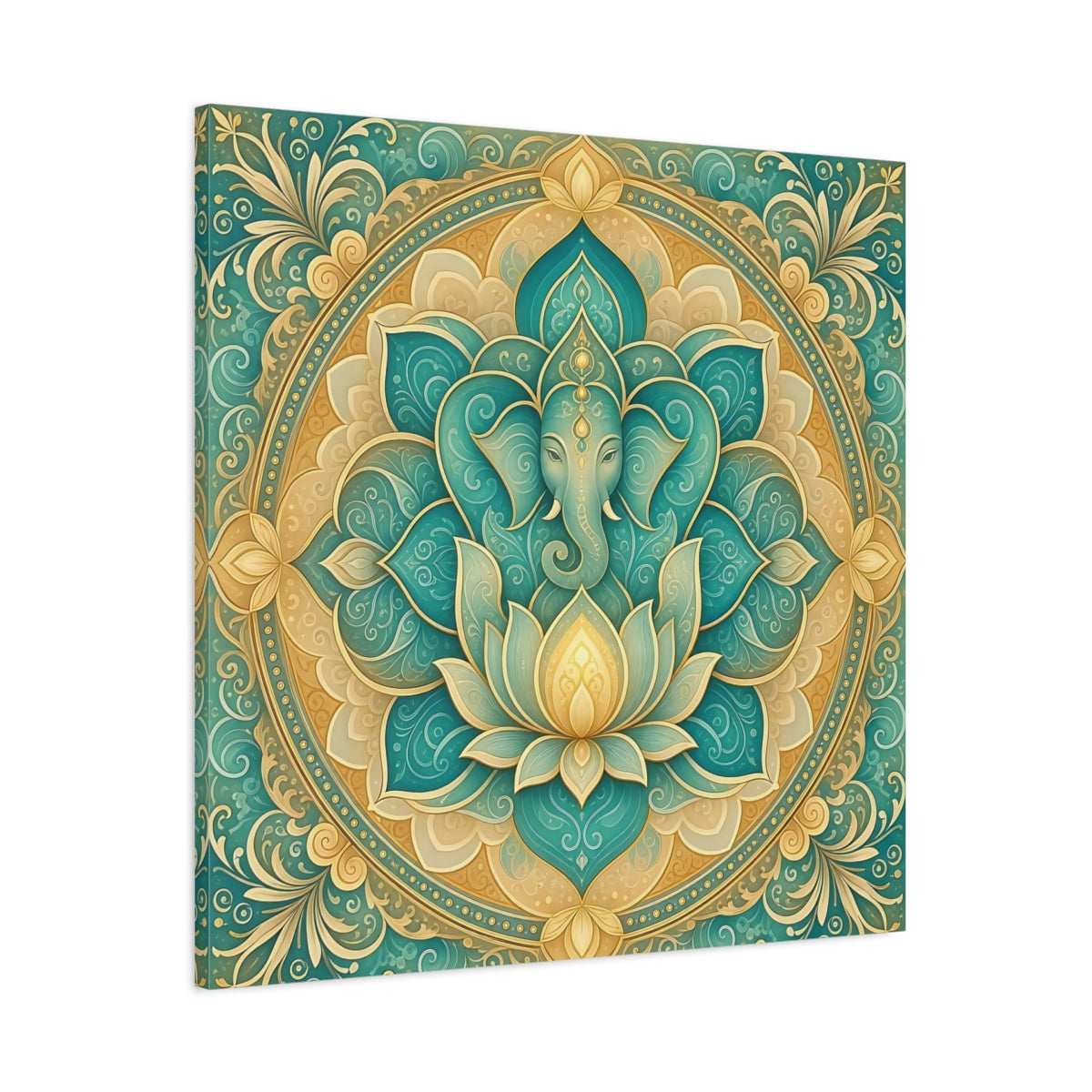 Main Mockup. Religious Ganesha Teal And Gold shown as stretched canvas wall art