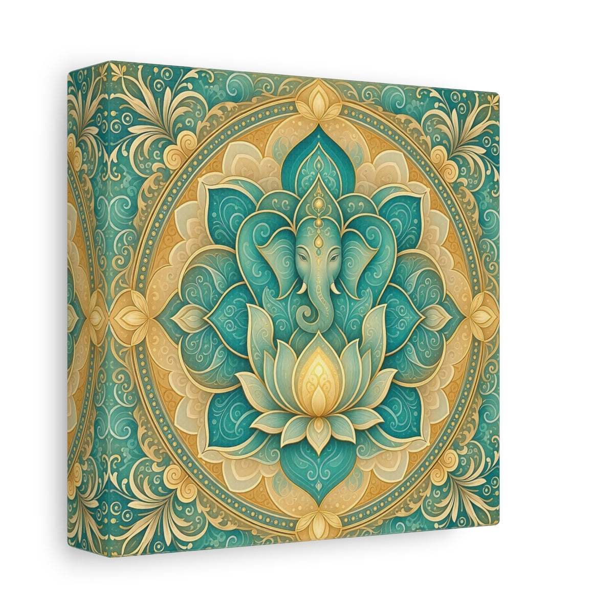 Side Mockup 2. Religious Ganesha Teal And Gold shown as stretched canvas wall art