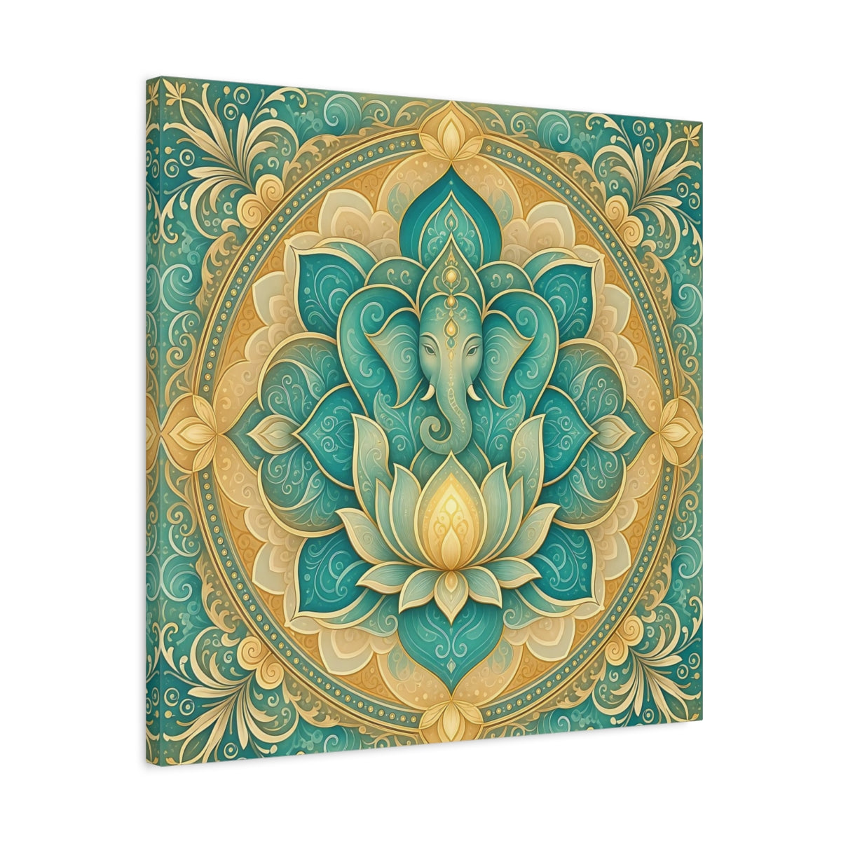 Side Mockup 4. Religious Ganesha Teal And Gold shown as stretched canvas wall art