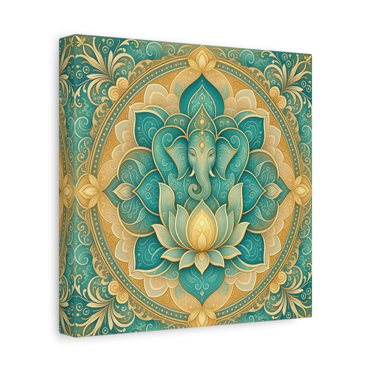 Side Mockup 9. Religious Ganesha Teal And Gold shown as stretched canvas wall art