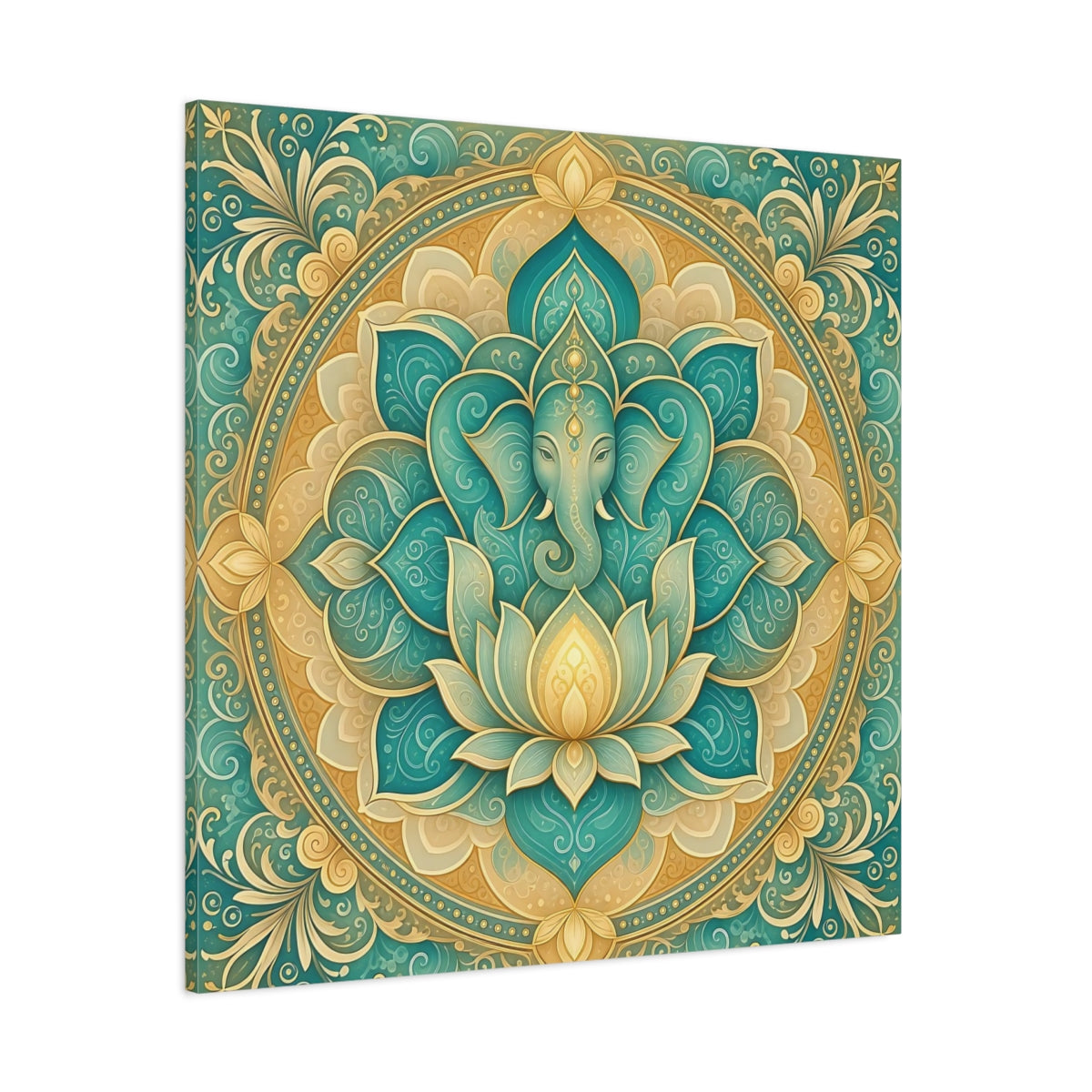 Side Mockup 1. Religious Ganesha Teal And Gold shown as stretched canvas wall art