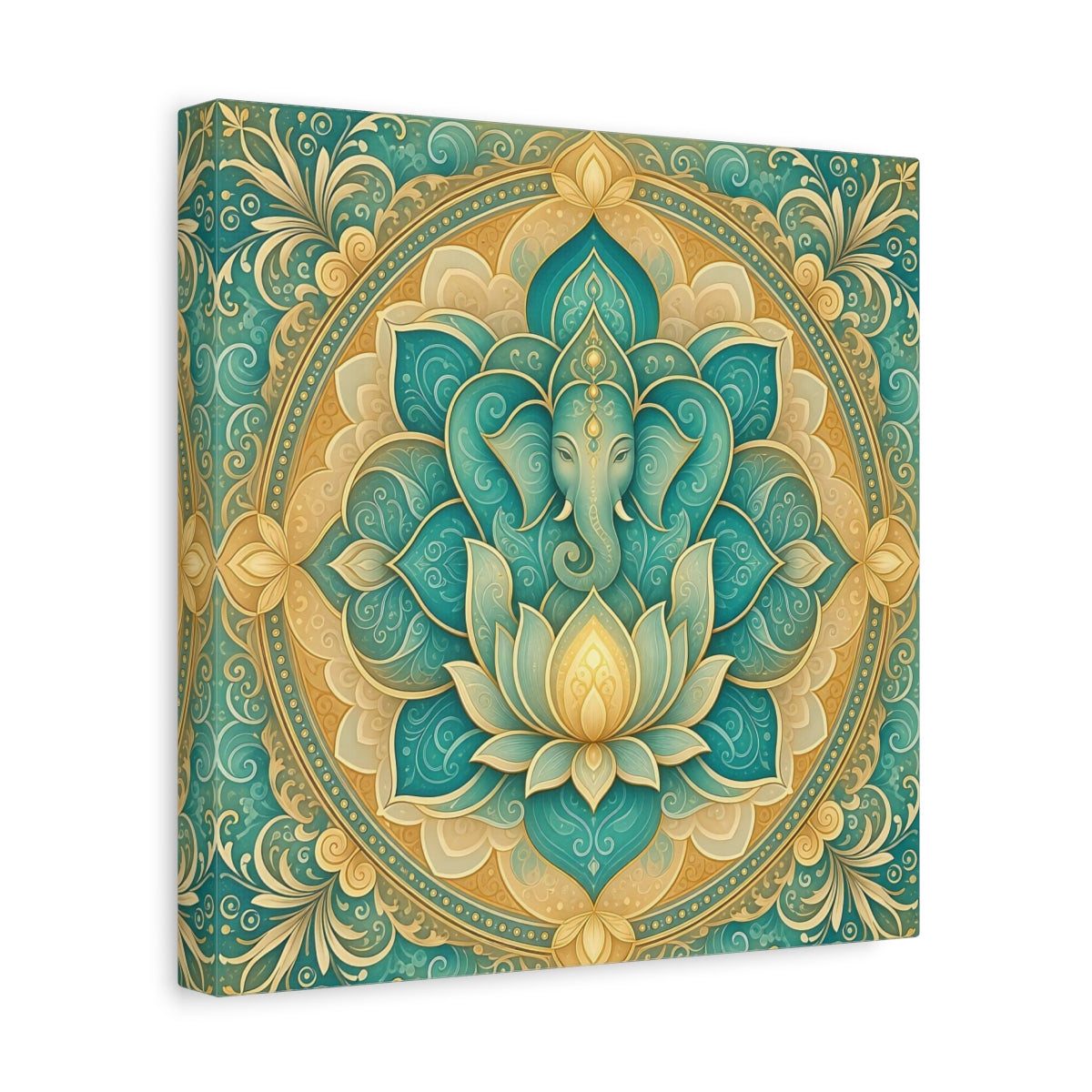 Side Mockup 8. Religious Ganesha Teal And Gold shown as stretched canvas wall art