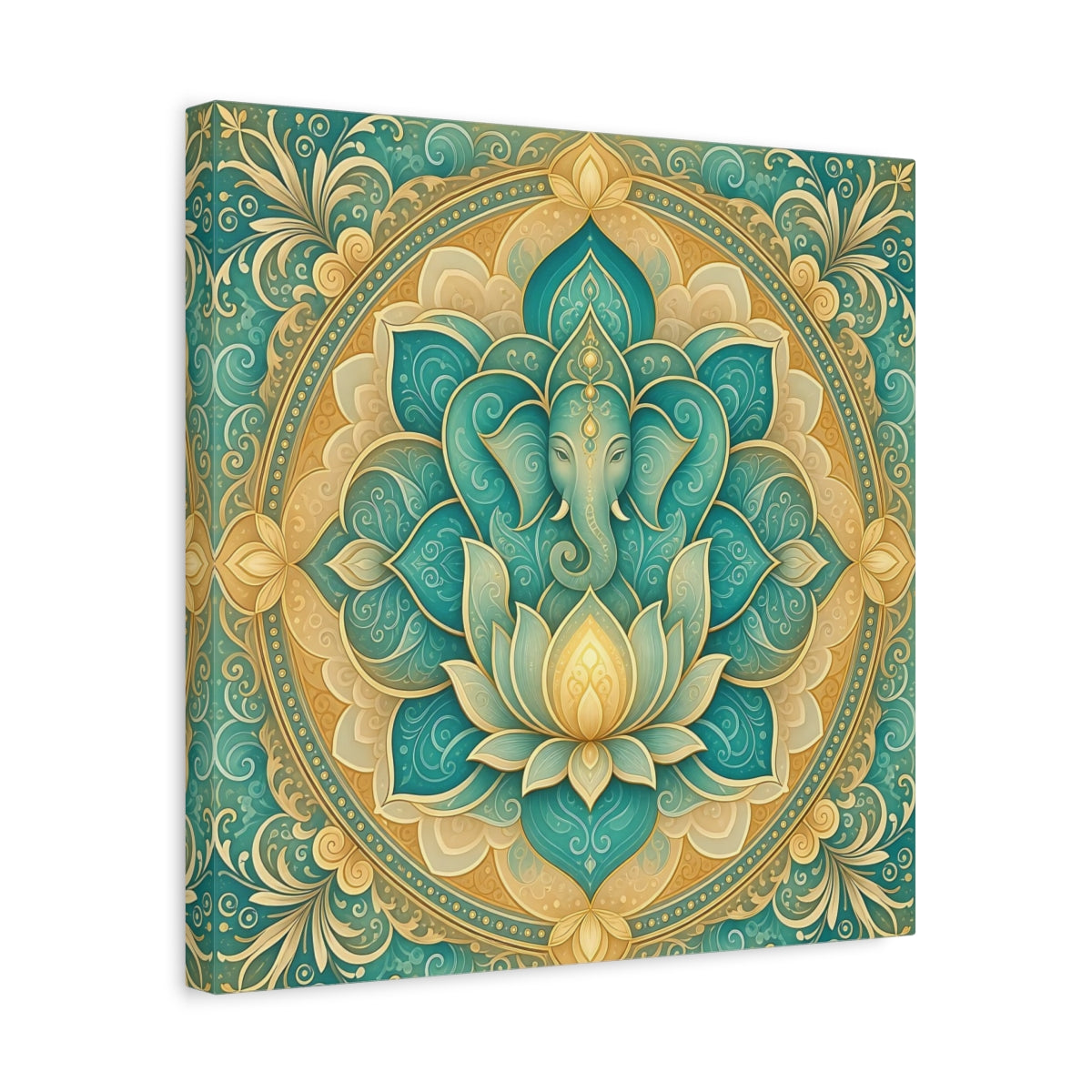 Side Mockup 6. Religious Ganesha Teal And Gold shown as stretched canvas wall art