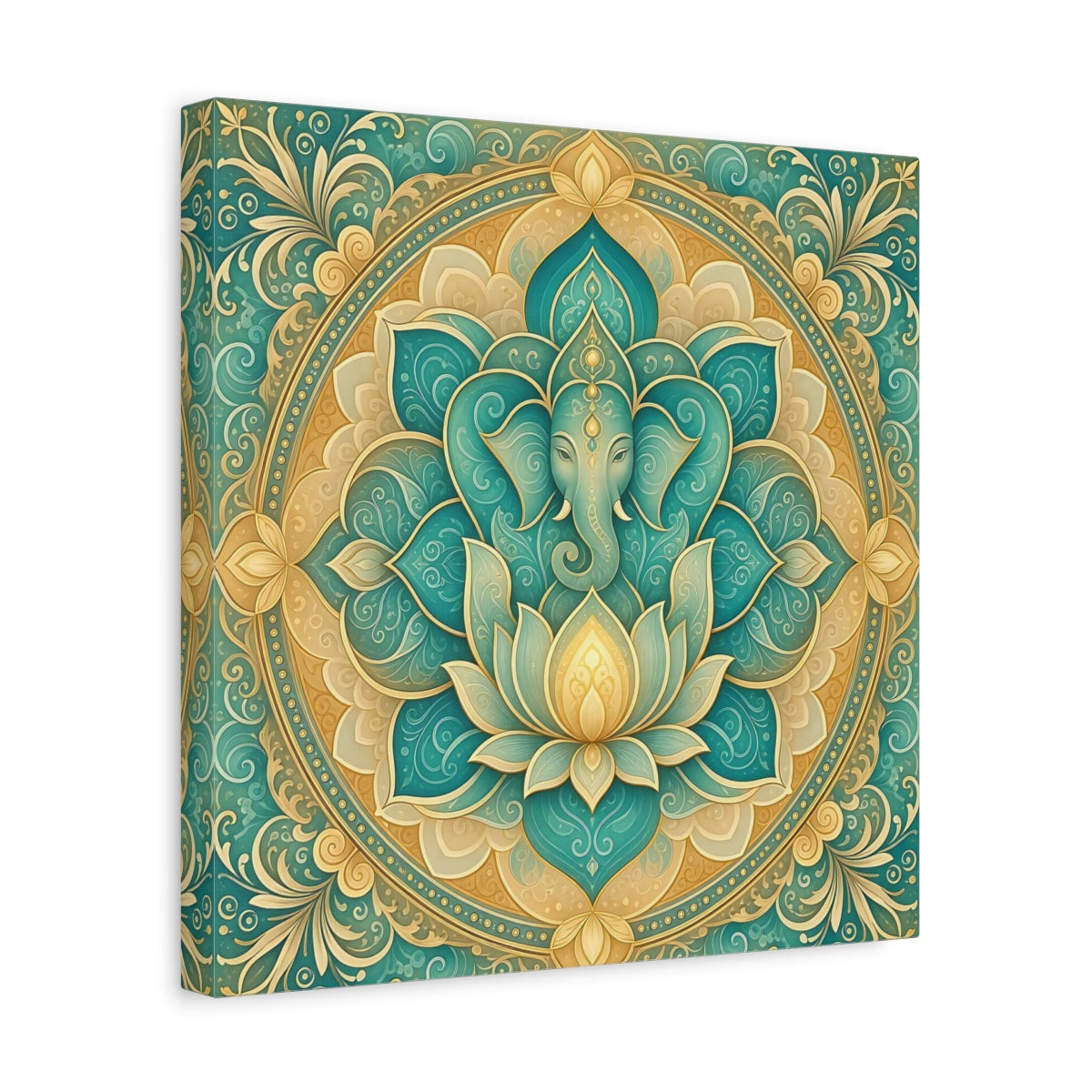 Side Mockup 7. Religious Ganesha Teal And Gold shown as stretched canvas wall art