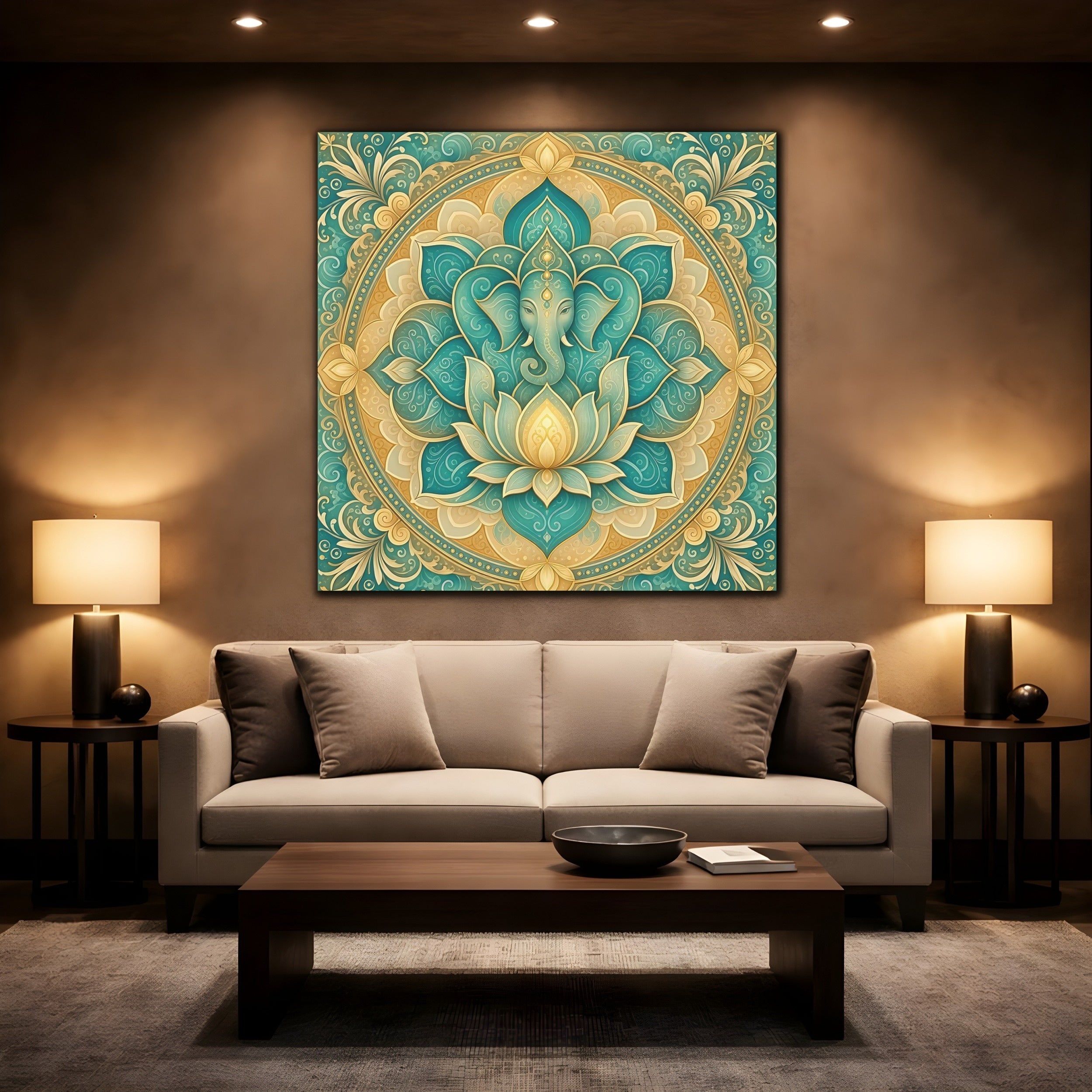 Mockup 2. Religious Ganesha Teal And Gold shown as stretched canvas wall art