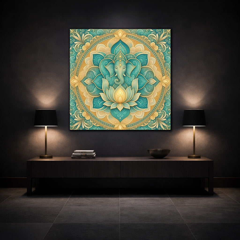 Mockup 3. Religious Ganesha Teal And Gold shown as stretched canvas wall art