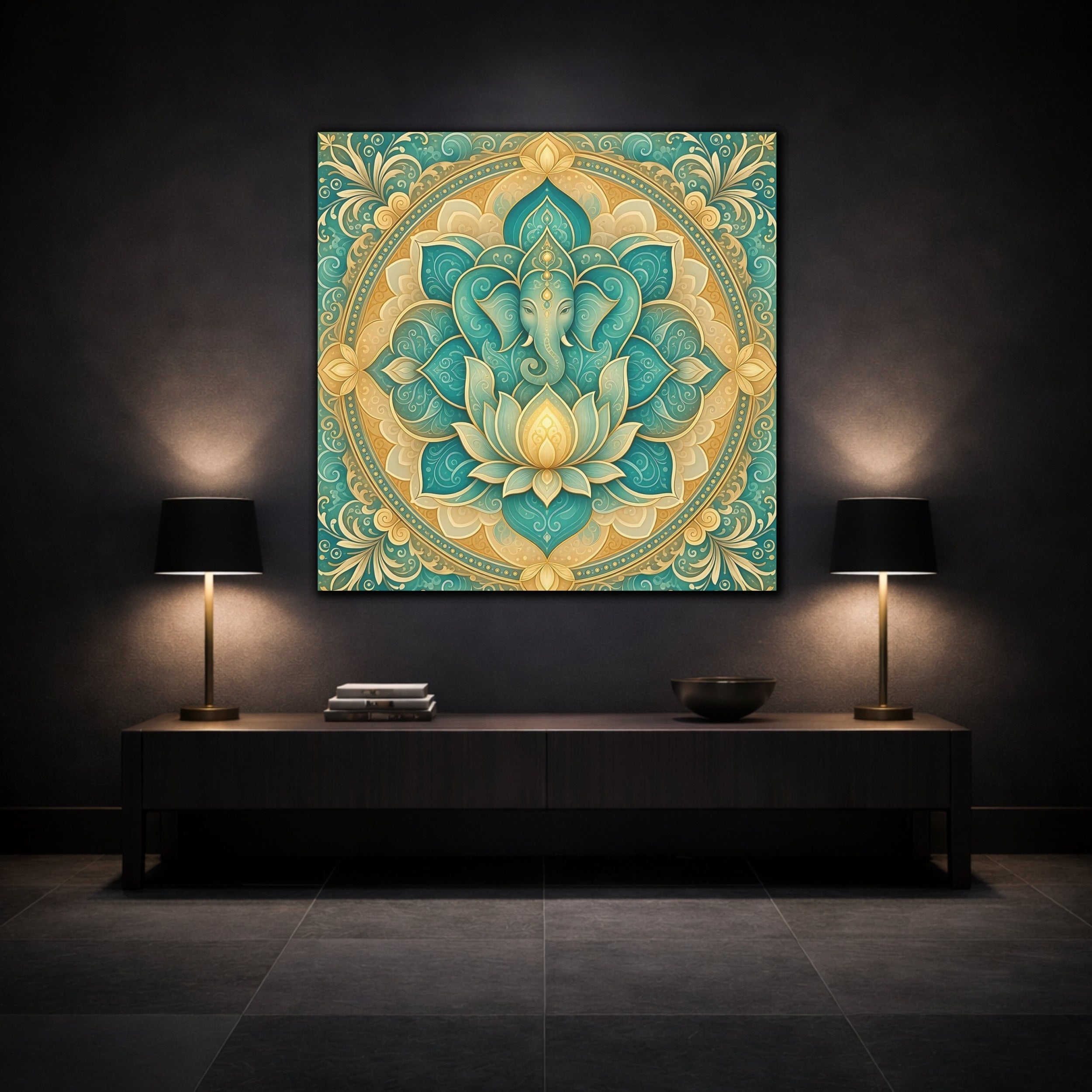 Mockup 3. Religious Ganesha Teal And Gold shown as stretched canvas wall art