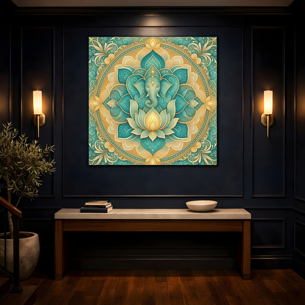 Mockup 4. Religious Ganesha Teal And Gold shown as stretched canvas wall art