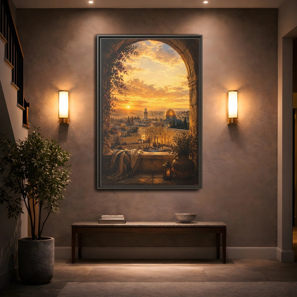 Mockup 2. Religious Jerusalem Cityscape Golden Cityscape shown as stretched canvas wall art