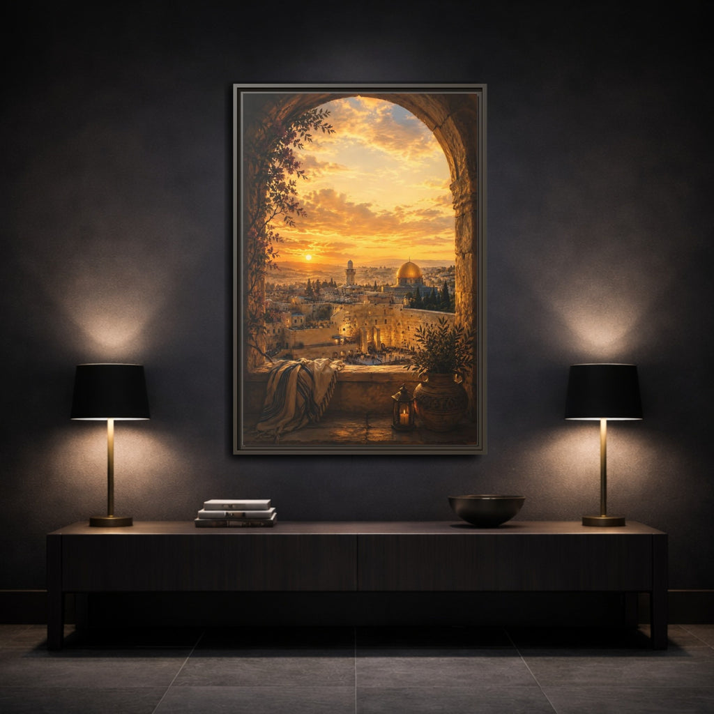 Mockup 3. Religious Jerusalem Cityscape Golden Cityscape shown as stretched canvas wall art
