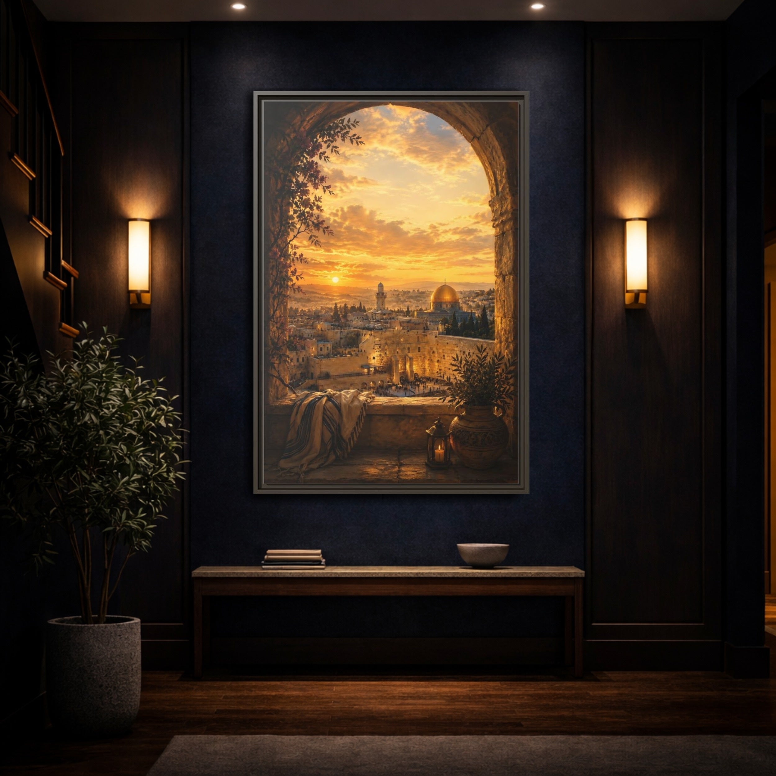Mockup 4. Religious Jerusalem Cityscape Golden Cityscape shown as stretched canvas wall art