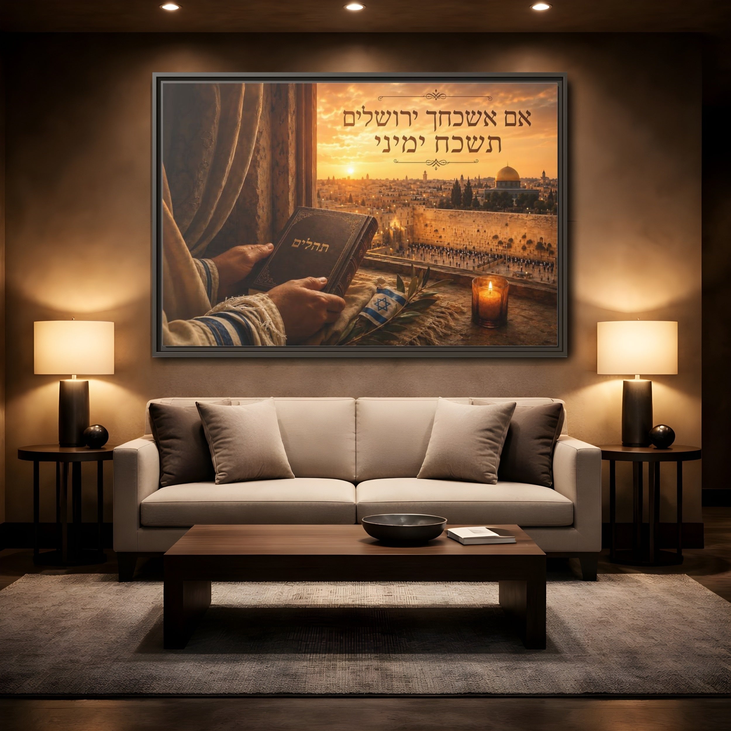 Mockup 2. Religious Jerusalem Cityscape Jerusalem Sunset shown as stretched canvas wall art