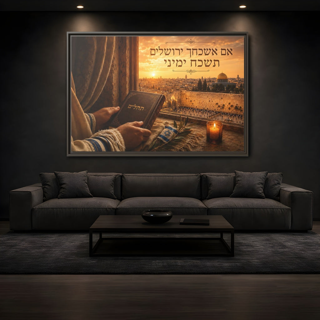 Mockup 3. Religious Jerusalem Cityscape Jerusalem Sunset shown as stretched canvas wall art