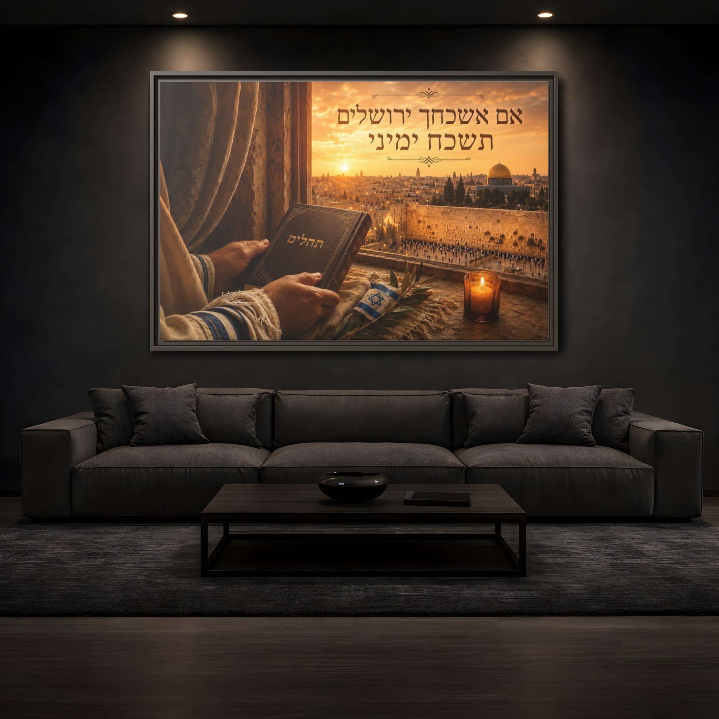 Mockup 3. Religious Jerusalem Cityscape Jerusalem Sunset shown as stretched canvas wall art