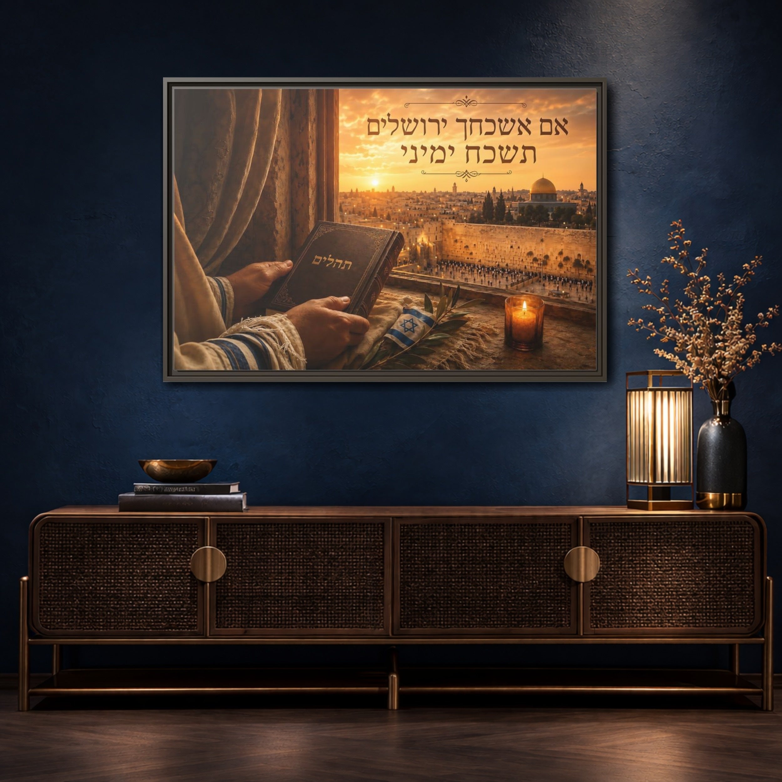 Mockup 4. Religious Jerusalem Cityscape Jerusalem Sunset shown as stretched canvas wall art
