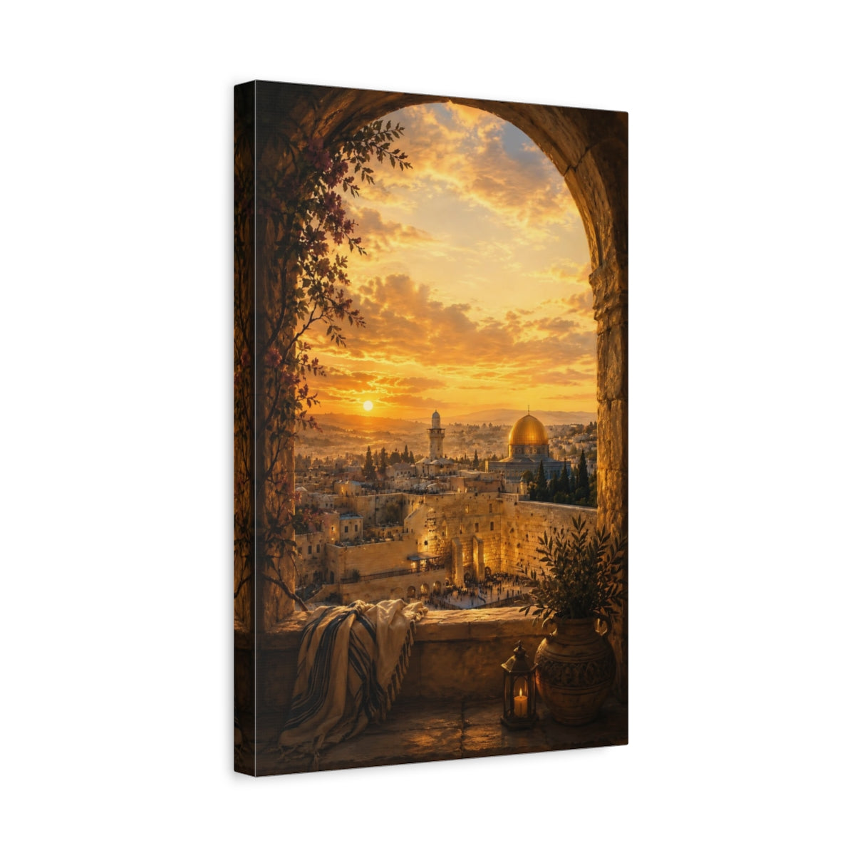 Side Mockup 4. Religious Jerusalem Old City Golden Cityscape shown as stretched canvas wall art