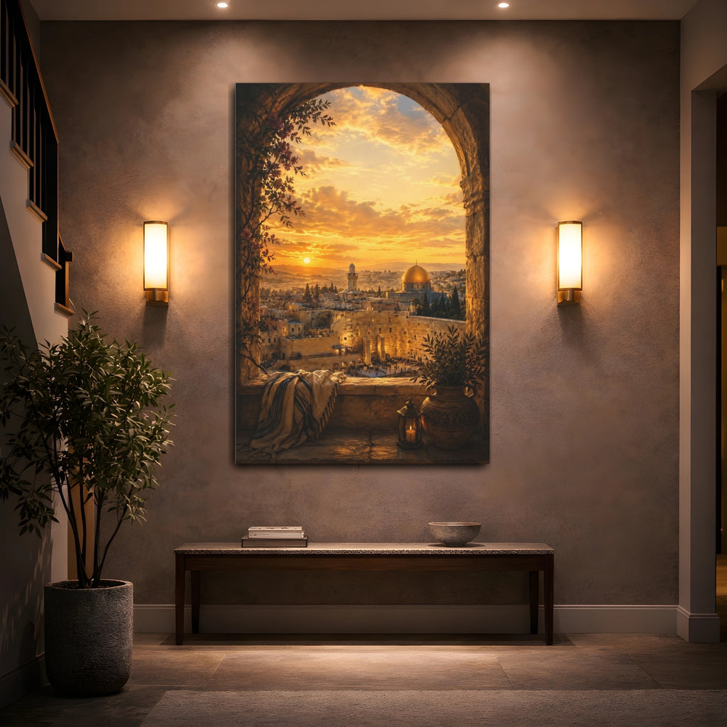 Mockup 2. Religious Jerusalem Old City Golden Cityscape shown as stretched canvas wall art