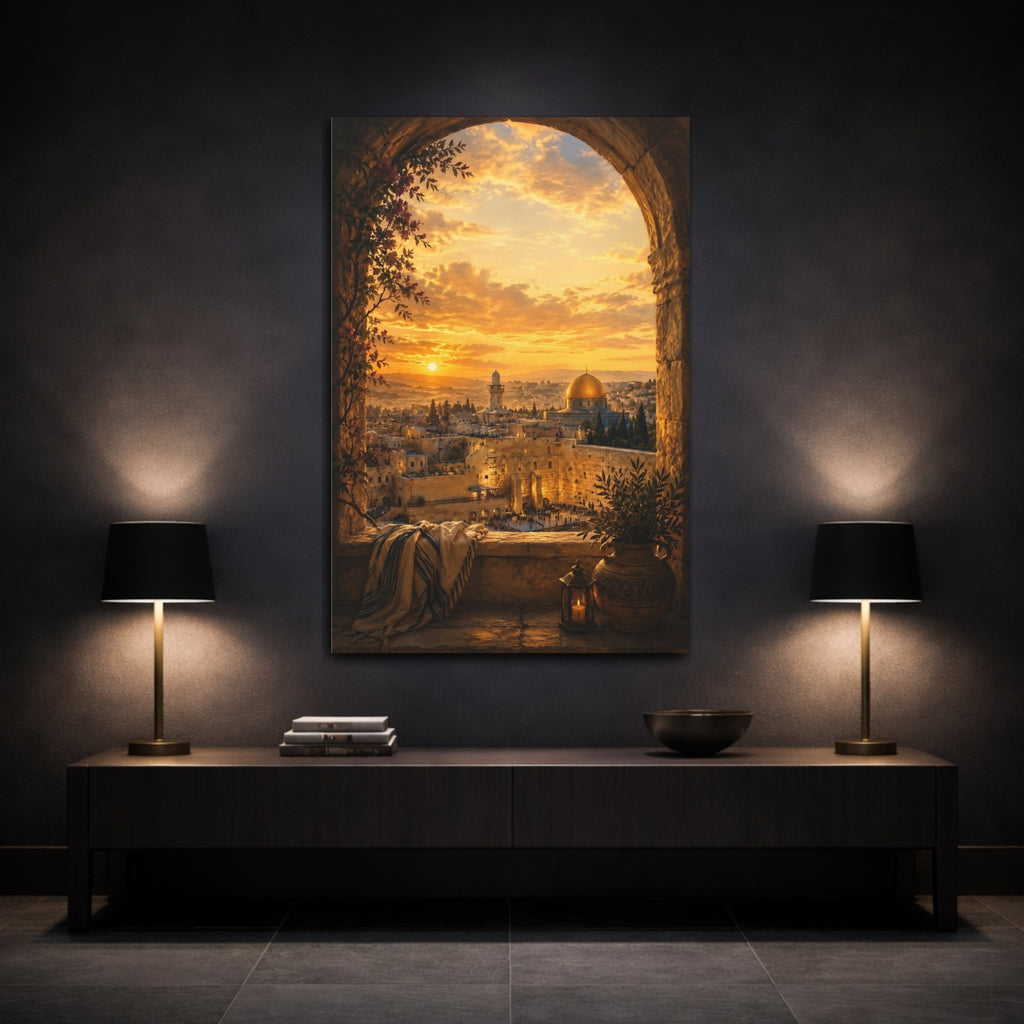 Mockup 3. Religious Jerusalem Old City Golden Cityscape shown as stretched canvas wall art