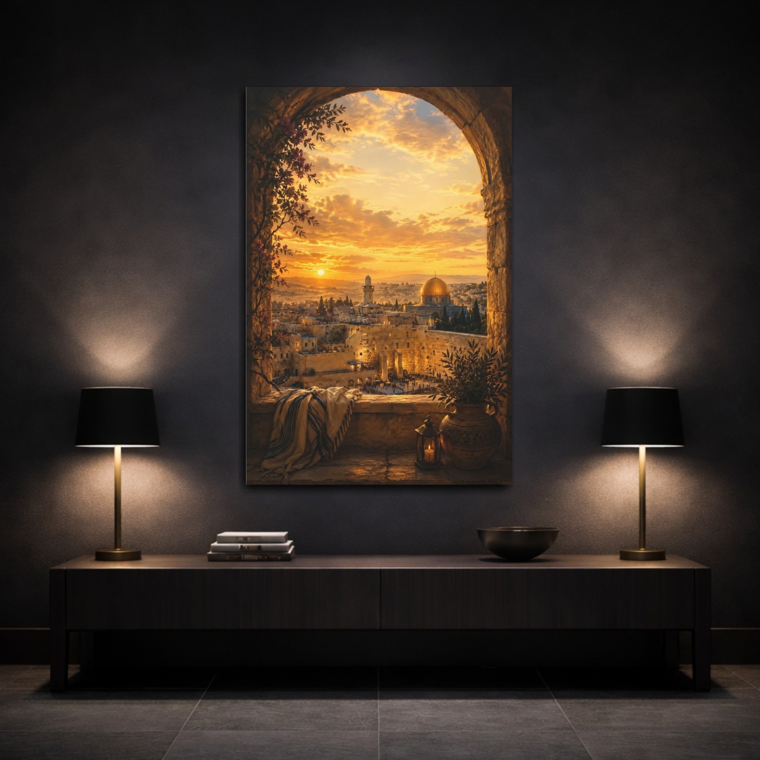 Mockup 3. Religious Jerusalem Old City Golden Cityscape shown as stretched canvas wall art