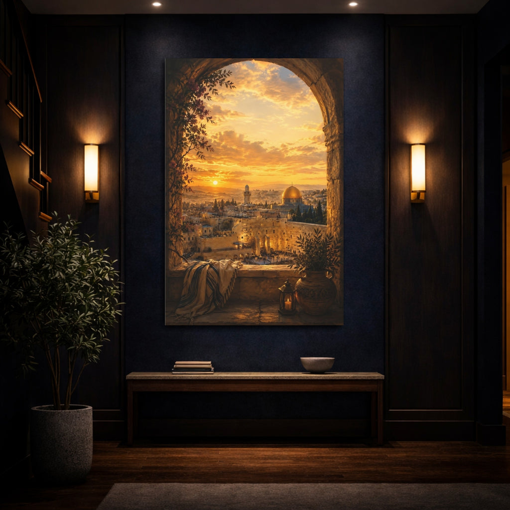 Mockup 4. Religious Jerusalem Old City Golden Cityscape shown as stretched canvas wall art