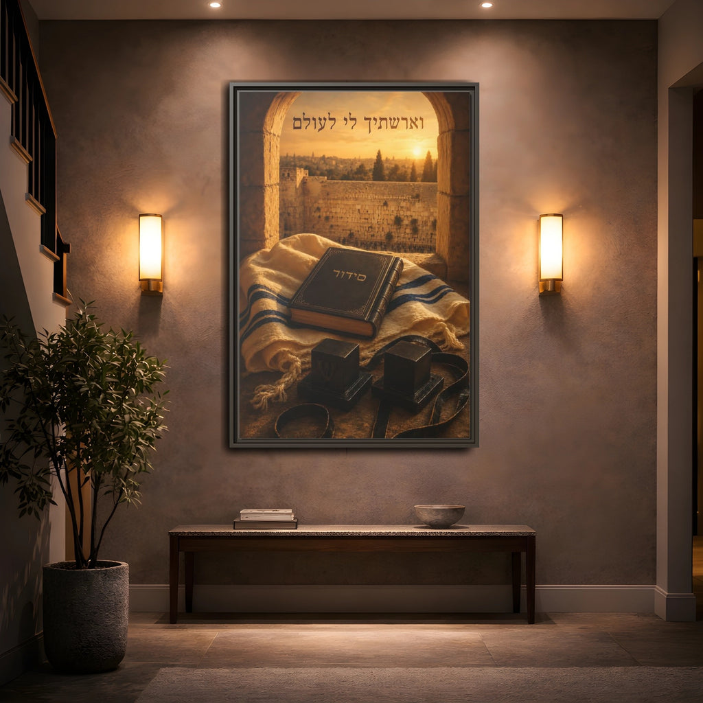 Mockup 2. Religious Jewish Artifacts Jerusalem Prayer shown as stretched canvas wall art