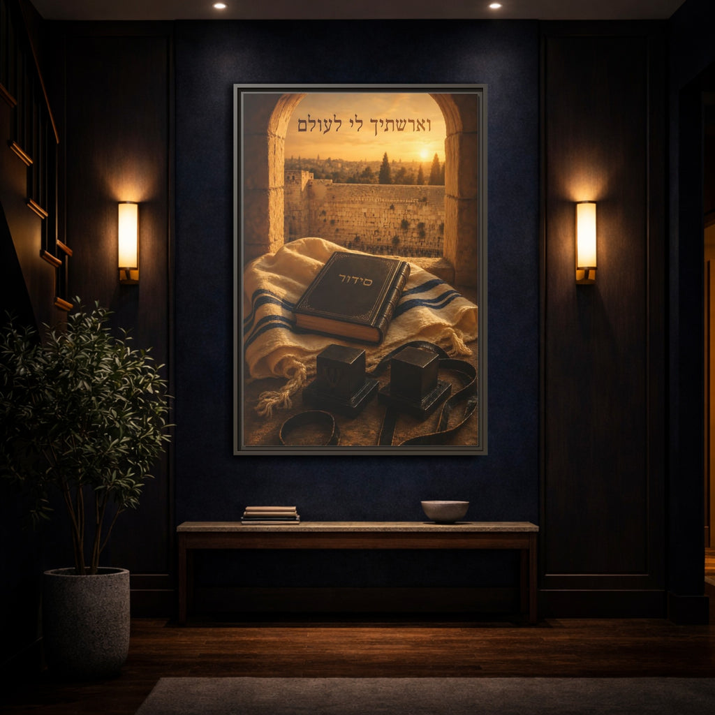 Mockup 4. Religious Jewish Artifacts Jerusalem Prayer shown as stretched canvas wall art