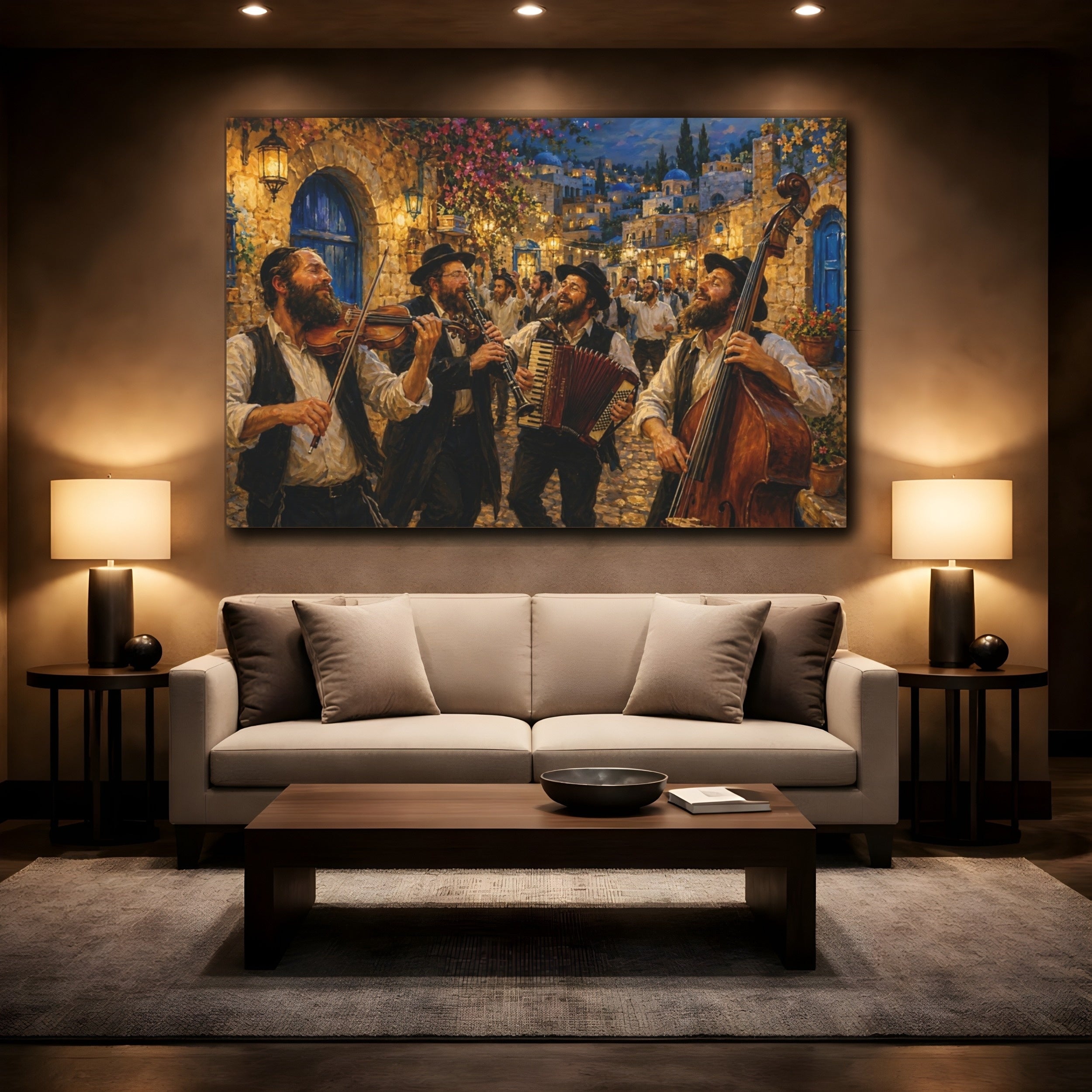 Mockup 2. Religious Jewish Musicians Jewish Street Celebration shown as stretched canvas wall art