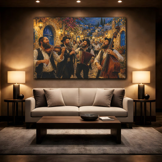 Mockup 2. Religious Jewish Musicians Jewish Street Celebration shown as stretched canvas wall art