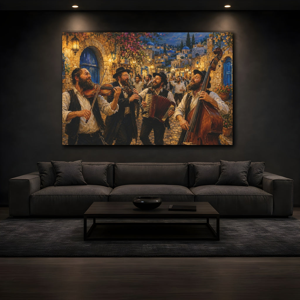 Mockup 3. Religious Jewish Musicians Jewish Street Celebration shown as stretched canvas wall art