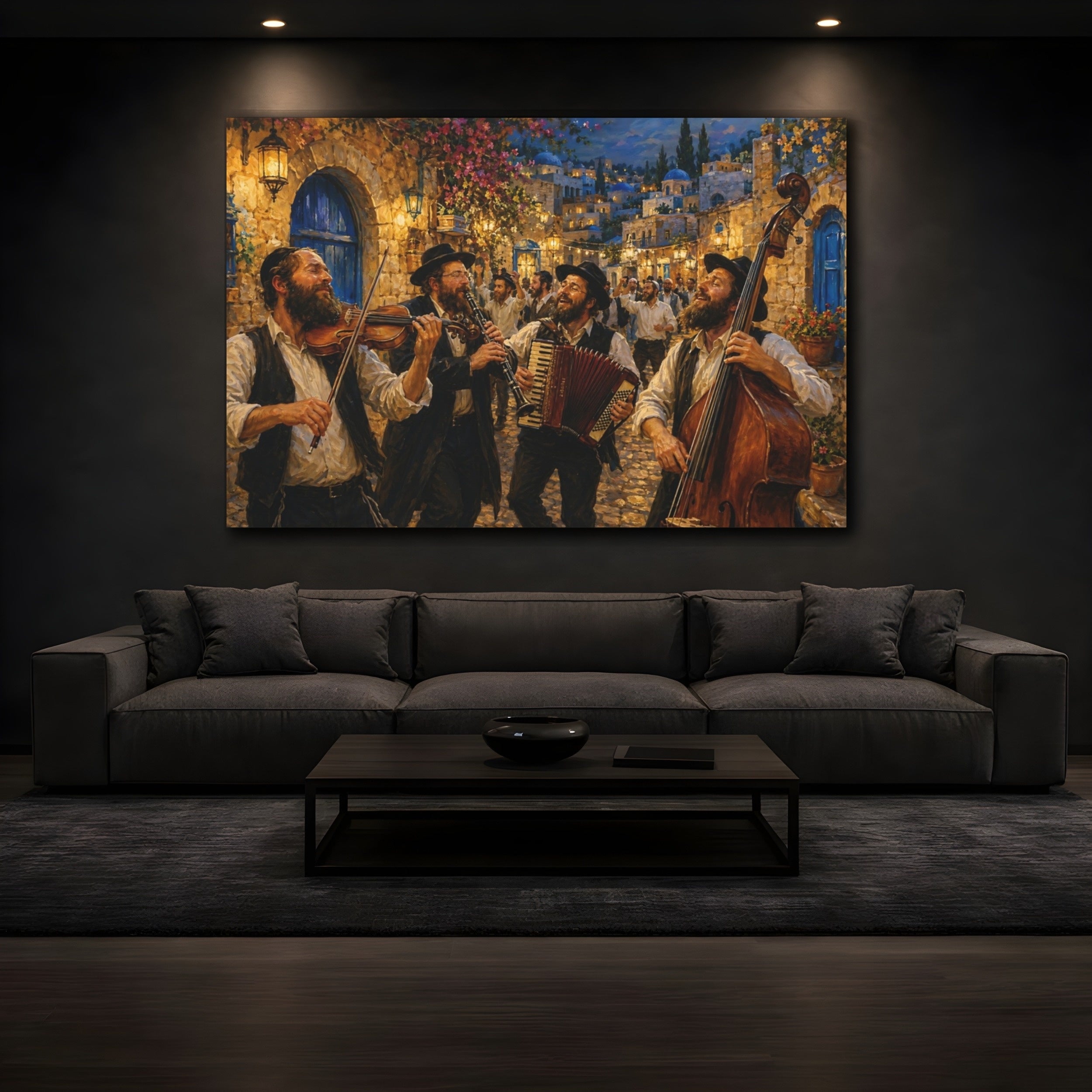 Mockup 3. Religious Jewish Musicians Jewish Street Celebration shown as stretched canvas wall art