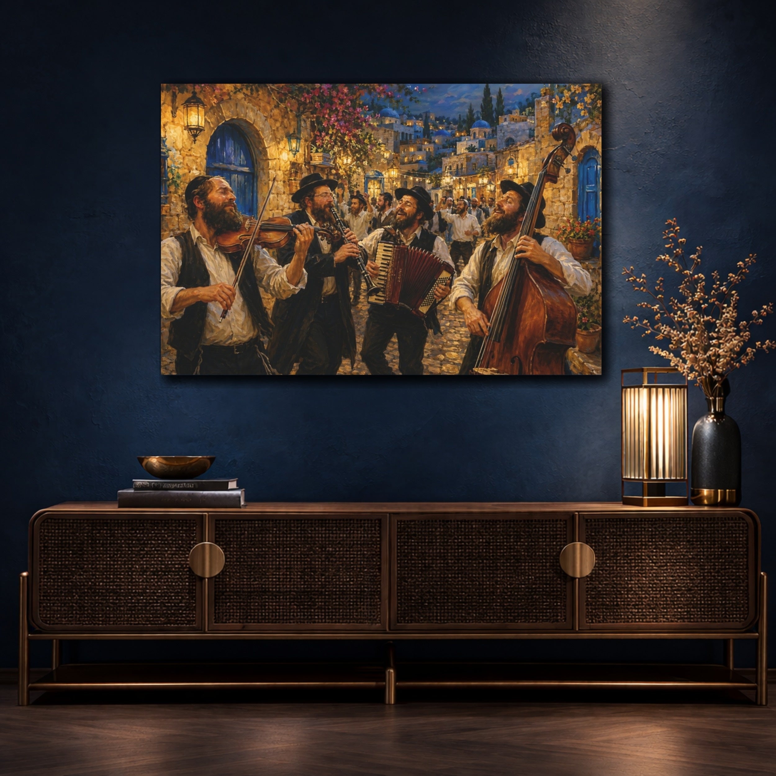Mockup 4. Religious Jewish Musicians Jewish Street Celebration shown as stretched canvas wall art