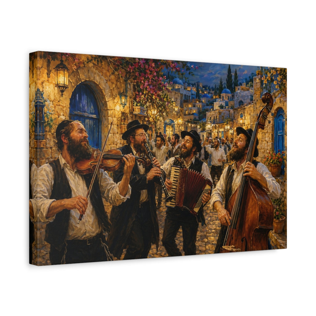 Side Mockup 4. Religious Jewish Musicians Jewish Street Celebration shown as stretched canvas wall art
