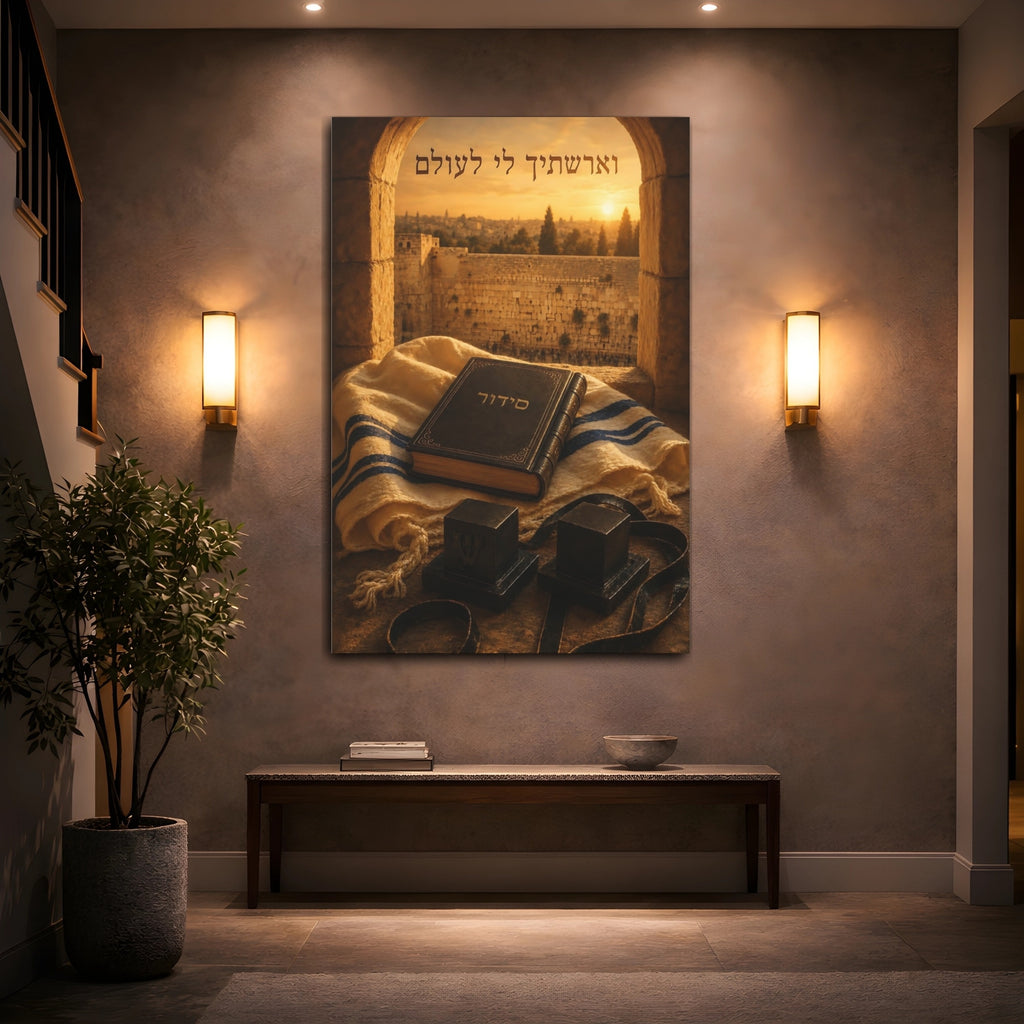 Mockup 2. Religious Jewish Prayer Items Golden Jewish Prayer shown as stretched canvas wall art